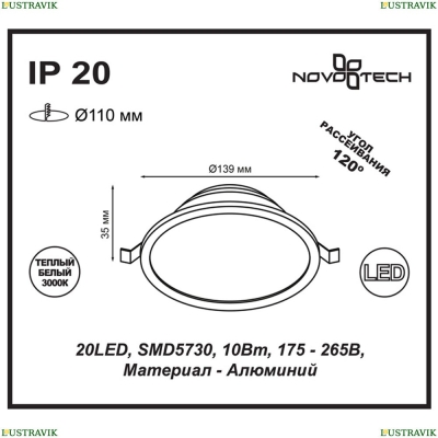 Встраиваемый светодиодный светильник Novotech Luna 357573 - купить в интернет-магазине ЛЮСТРАВИК