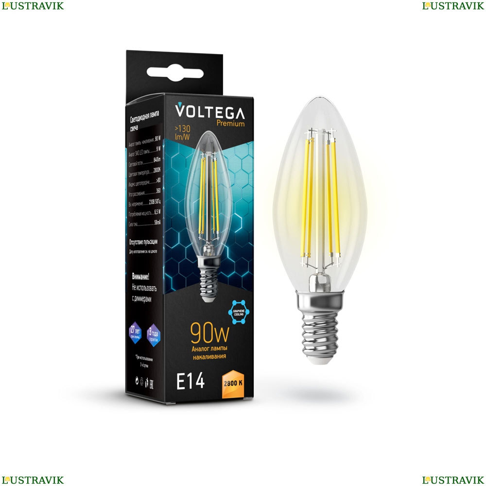 Voltega Crystal 7134 Светодиодная лампа, Свеча E14 2800K 9W Graphene - купить в интернет-магазине ЛЮСТРАВИК
