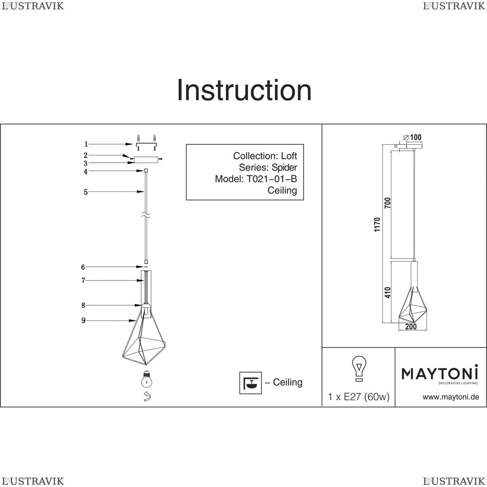 Подвес T021-01-B ★Maytoni, 1 x 60Вт☀, Черный► — Купить▼