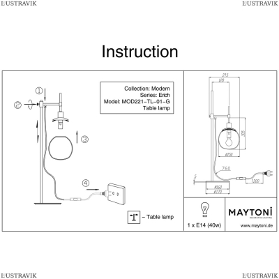 Настольная лампа MOD221-TL-01-G ★Maytoni, 1 x 40Вт☀, Золото► — Купить▼
