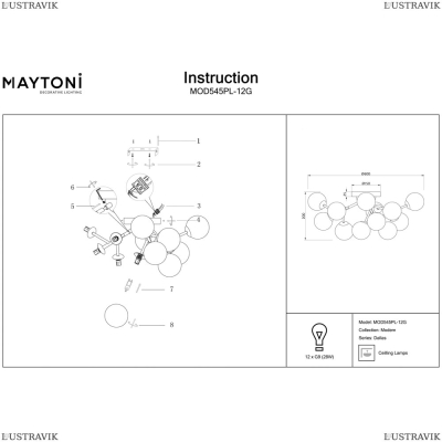 Люстра MOD545PL-12G ★Maytoni, 12 x 28Вт☀, Золото► — Купить▼