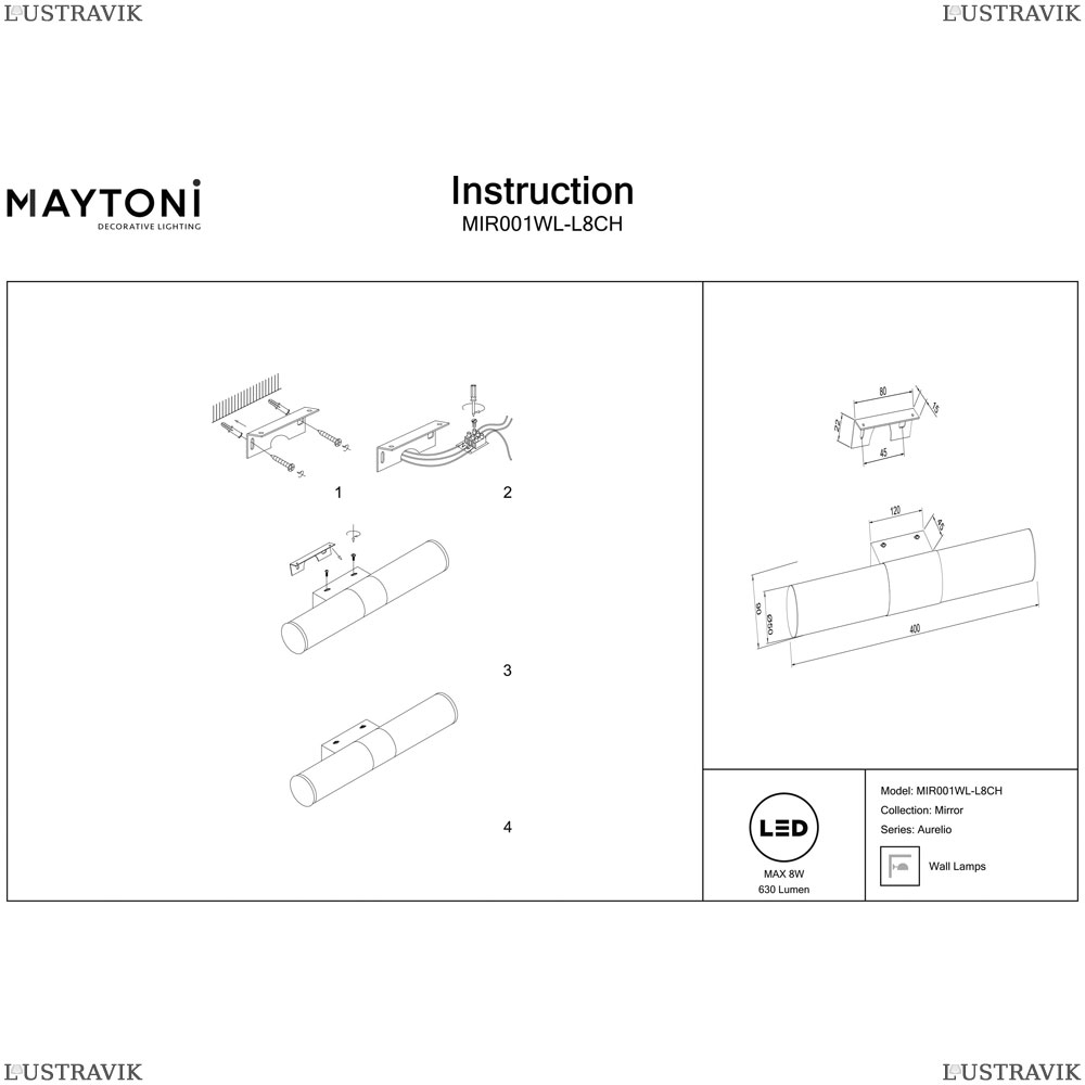 Подсветка для зеркал MIR001WL-L8CH ★Maytoni, 1 x 8Вт☀, Хром► — Купить▼