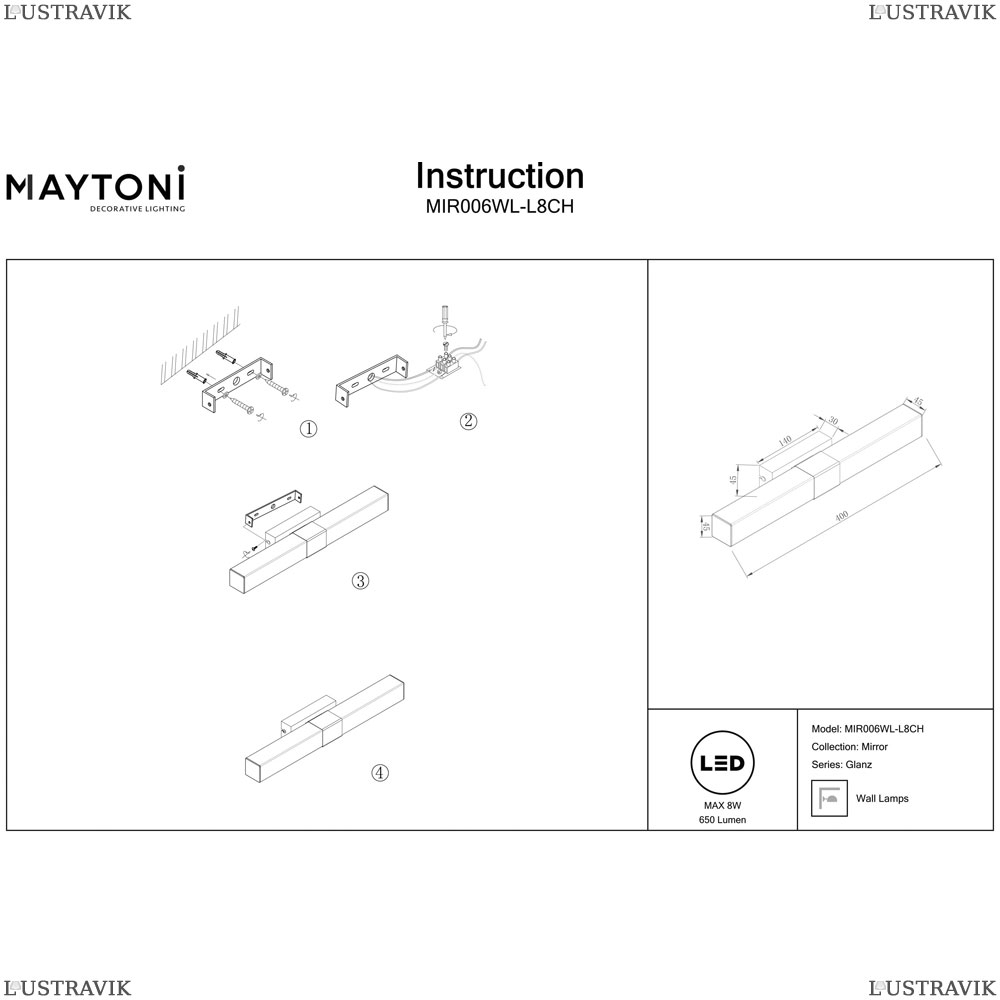 Подсветка для зеркал MIR006WL-L8CH ★Maytoni, 1 x 8Вт☀, Хром► — Купить▼