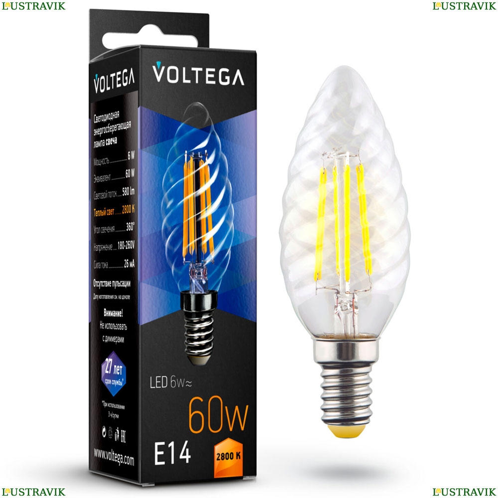 7027 (VG10-CC1E14warm6W-F) Voltega Лампа светодиодная филаментная E14 6W 2800К, Свеча витая