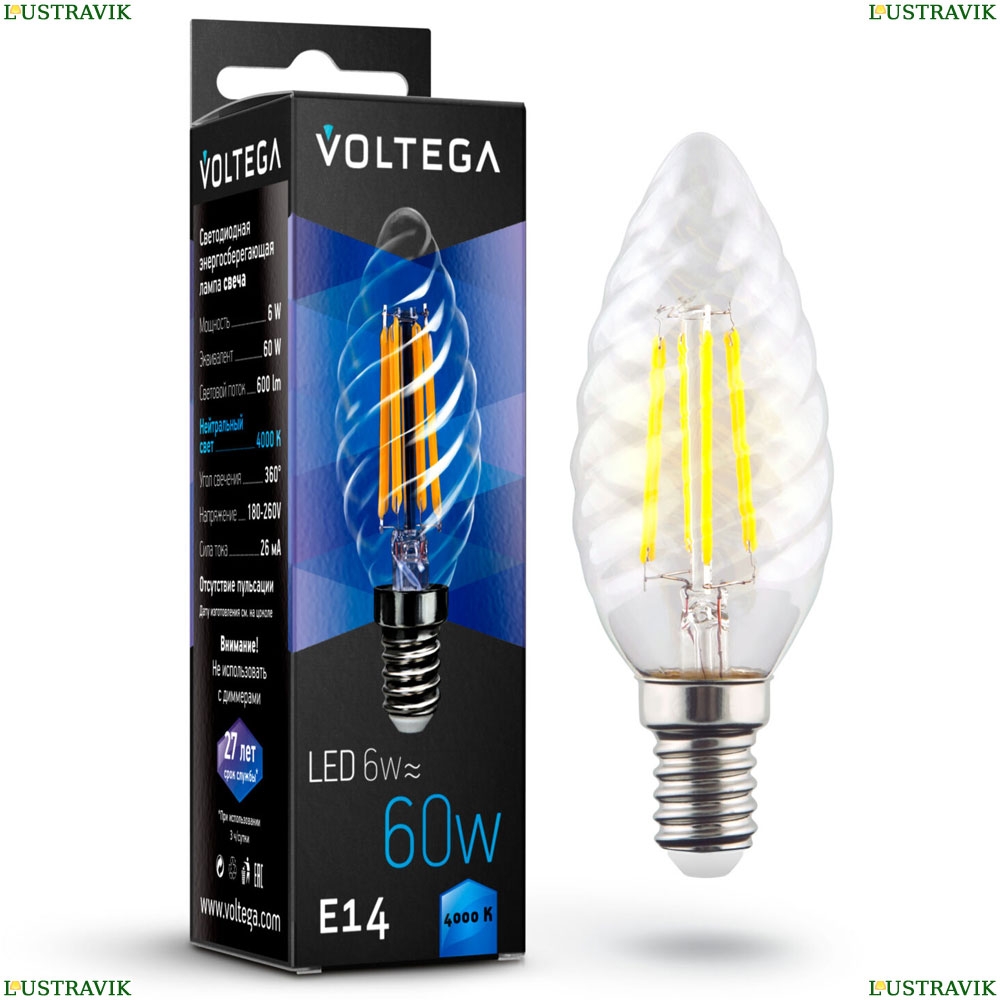 7028 (VG10-CC1E14cold6W-F) Voltega Лампа светодиодная филаментная E14 6W 4000К, Свеча витая