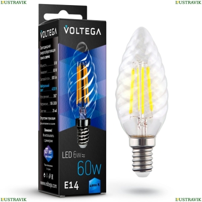7028 (VG10-CC1E14cold6W-F) Voltega Лампа светодиодная филаментная E14 6W 4000К, Свеча витая