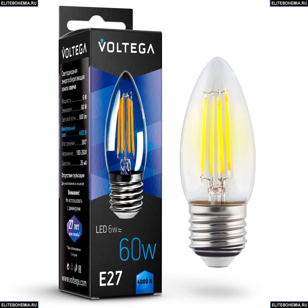 7029 (VG10-C1E27cold6W-F) Voltega Лампа светодиодная филаментная E27 6W 4000К, Свеча