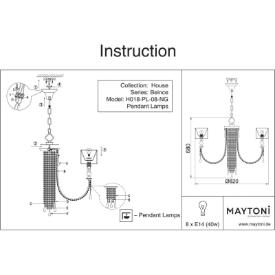 Люстра H018-PL-08-NG ★Maytoni, 8 x 40Вт☀, Золото► — Купить▼