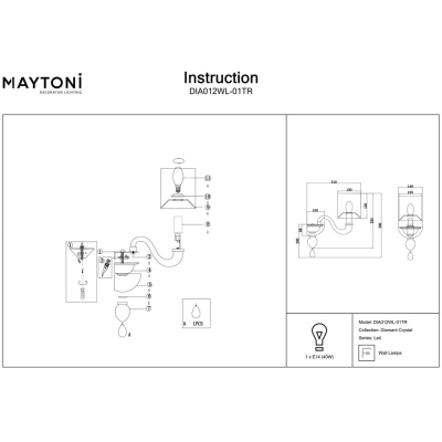 Бра DIA012WL-01TR ★Maytoni, 1 x 40Вт☀, Прозрачный► — Купить▼