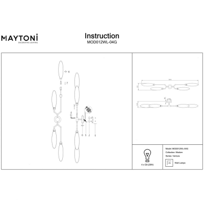 Бра MOD012WL-04G ★Maytoni, 4 x 28Вт☀, Золото► — Купить▼