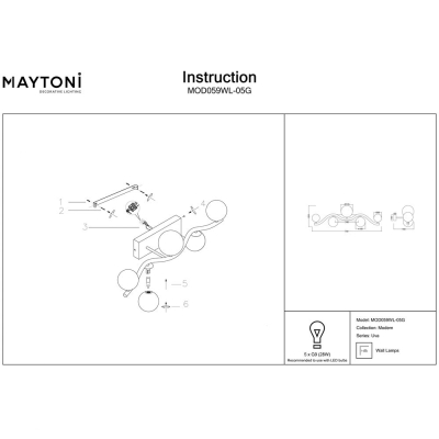 Бра MOD059WL-05G ★Maytoni, 5 x 28Вт☀, Золото► — Купить▼