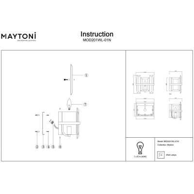 Бра MOD201WL-01N ★Maytoni, 1 x 40Вт☀, Хром► — Купить▼