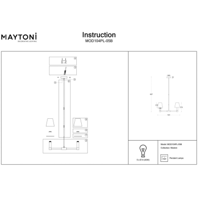 Люстра MOD104PL-05B ★Maytoni, 5 x 40Вт☀, Черный► — Купить▼