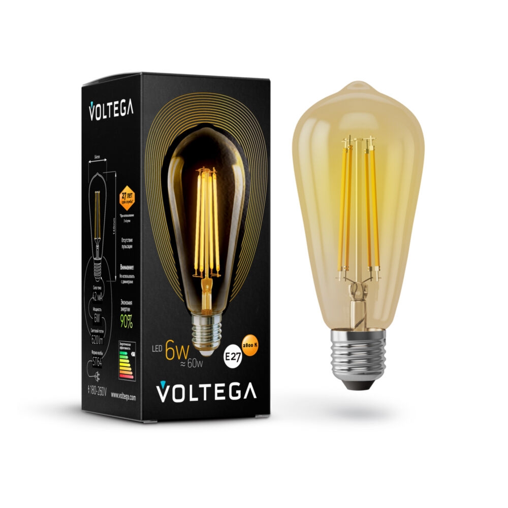 5526 (VG10-ST64Gwarm6W) Voltega Лампа светодиодная филаментная диммируемая E27 6W 2800К, Колба золотая